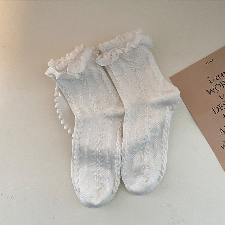 Cute White/Beige/Black Ruffled Socks Cotton