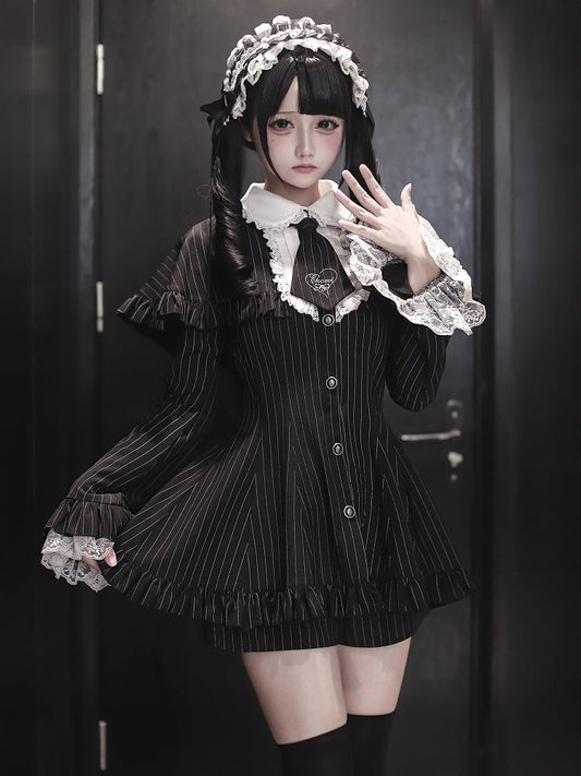 Embroidered Detachable Sleeves Black Bell with Ensemble Tie - Mini Dress Cape Shorts Kei Striped Jirai