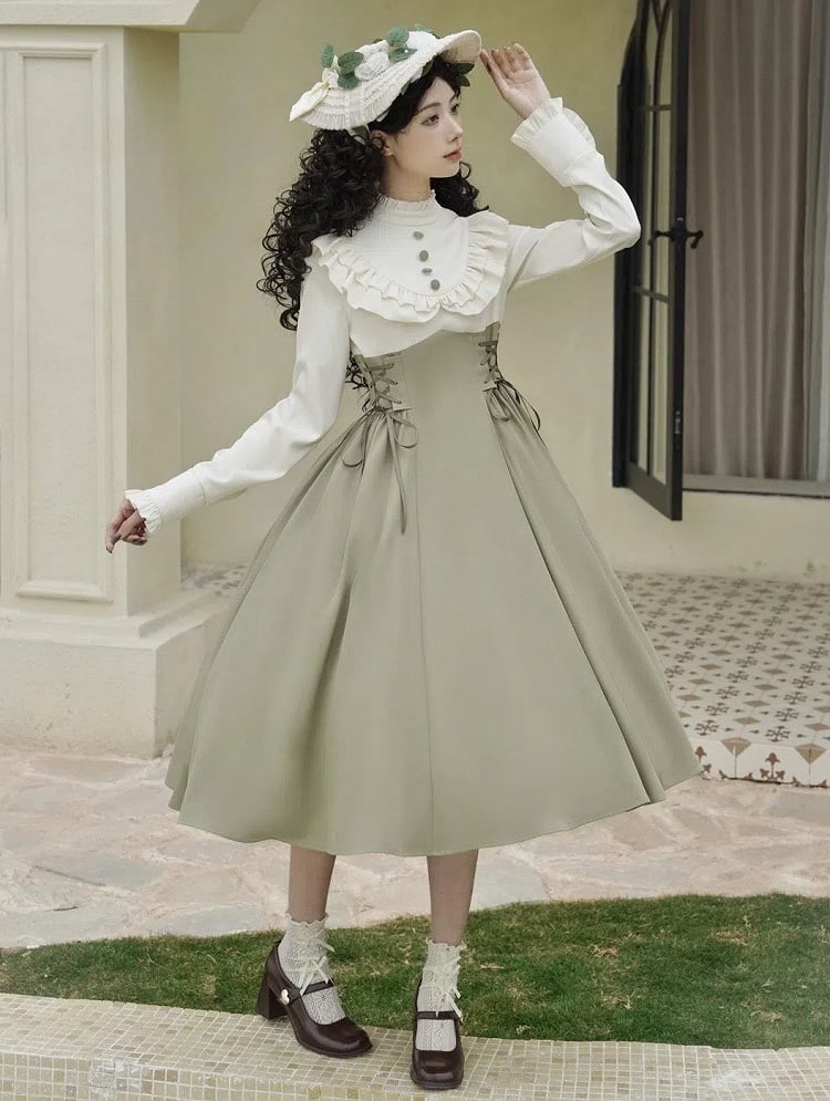 Light Green and Beige Ruffle Neckline Long-Sleeve Spring Classic Lolita Dress Layered-Look