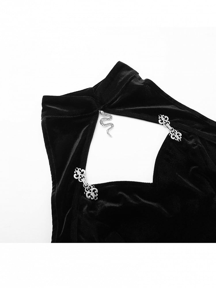 Accent Slit Metal with Thigh-high Black Snake Gothic Halloween Cheongsam Qipao