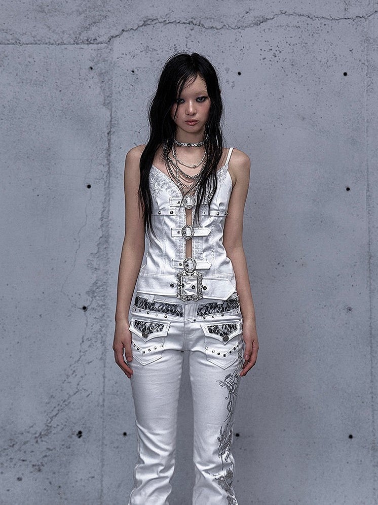 White Rock Studded with Straps Cami Accents Buckle Punk Top