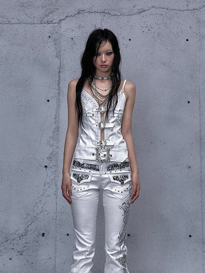 White Rock Studded with Straps Cami Accents Buckle Punk Top
