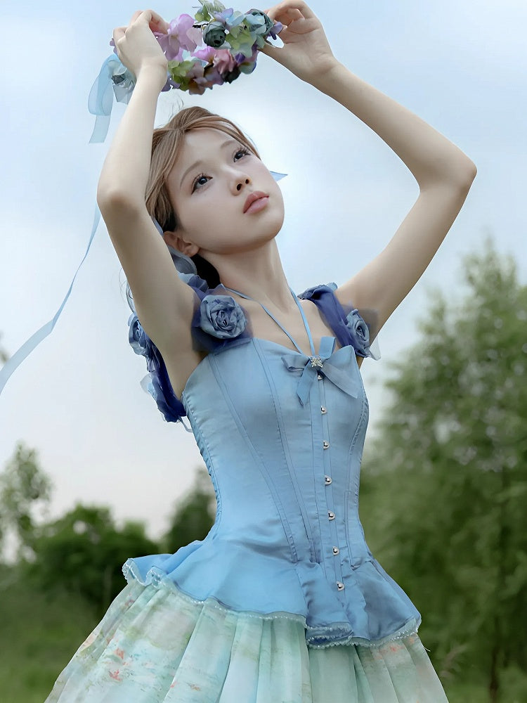 Boned Corset Top with Detachable Floral Adornments Hem Flounce Blue Sky