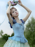 Boned Corset Top with Detachable Floral Adornments Hem Flounce Blue Sky