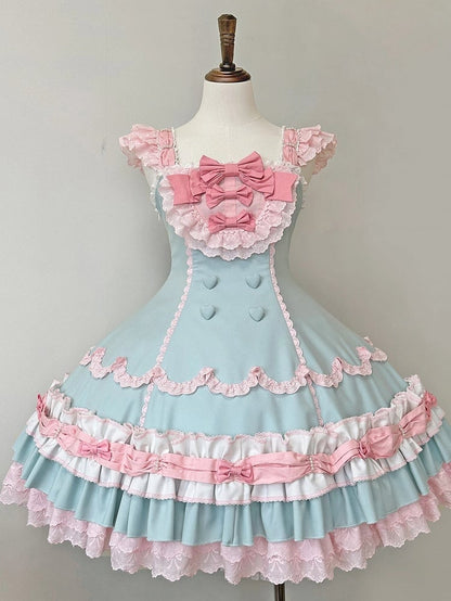 and Hemline Old Pink Decorated Sweet Layered Green Ruffle Bows