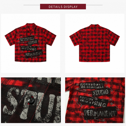 Vintage Red Plaid Short Sleeve Loose-Fit Shirt with Pin and Letter Tag Prints