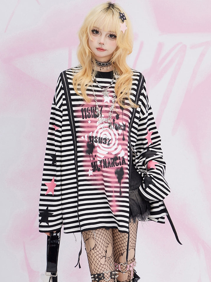 Black and White Y2K Star Graffiti Zip Striped Loose Sweatshirt