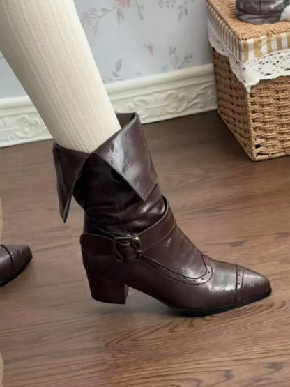 Brown Toe Pointed PU Slip-In Boots Cuff Stacked with Elegant Mid-heel Accents - Dark Foldable Buckle Lolita