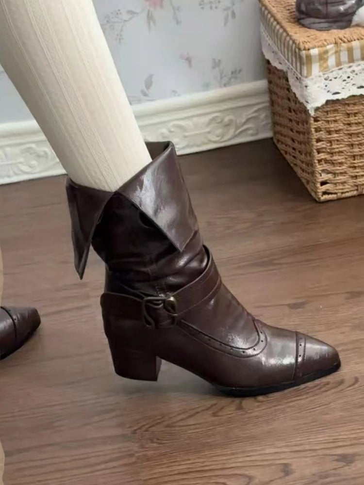 Mid-heel Accents Lolita with Pointed Buckle Cuff PU Foldable Slip-In - Elegant Toe Boots Dark Brown Stacked