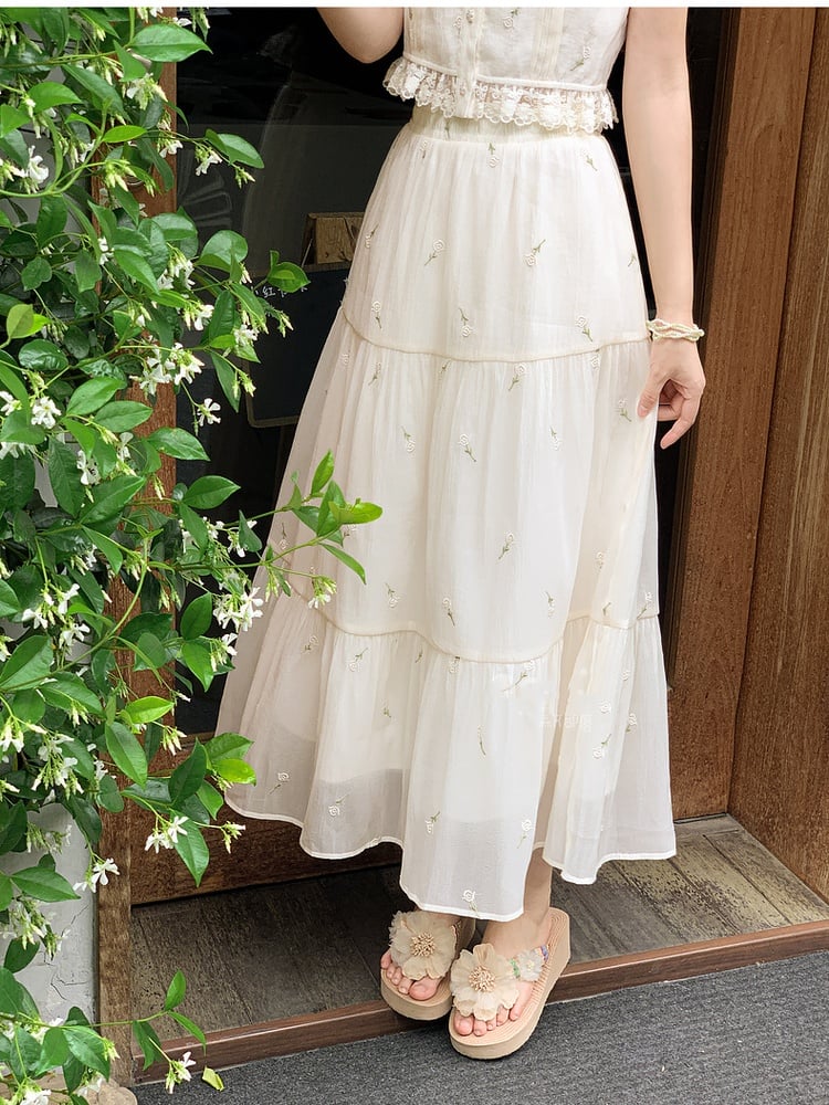 チュールスカート ケイ ベージュ ウエストゴム 花柄刺繍 森
