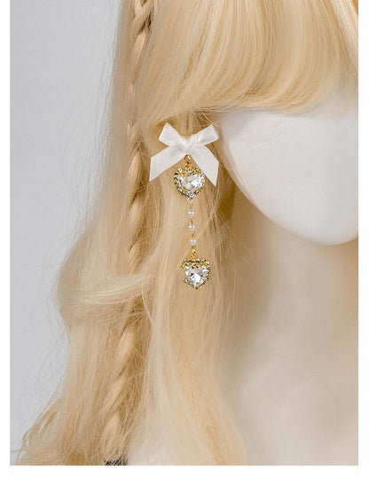 Kei Rhinestones / Dusty Pink Bow Ear Jirai Beaded | Clips White Heart Black Chain with