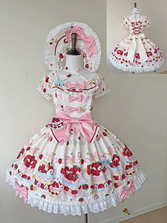 Lolita Kurzes, einteiliges, süßes Kleid mit weißen Ärmeln und cremigem Erdbeerdruck