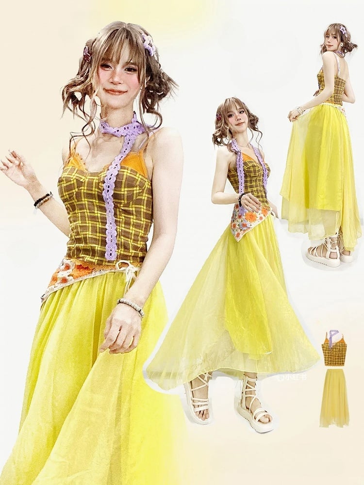 キャミソールトップパープルセット スカーフサマーオーバーレイ + チェック柄イエロースカート