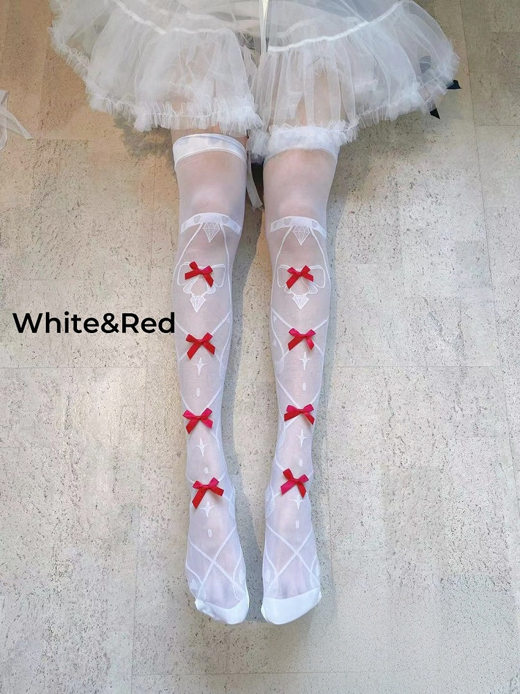Bowknot Details Crisscorss Banded Print Lolita Over Knee Stockings