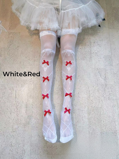 Bowknot Details Crisscorss Banded Print Lolita Over Knee Stockings