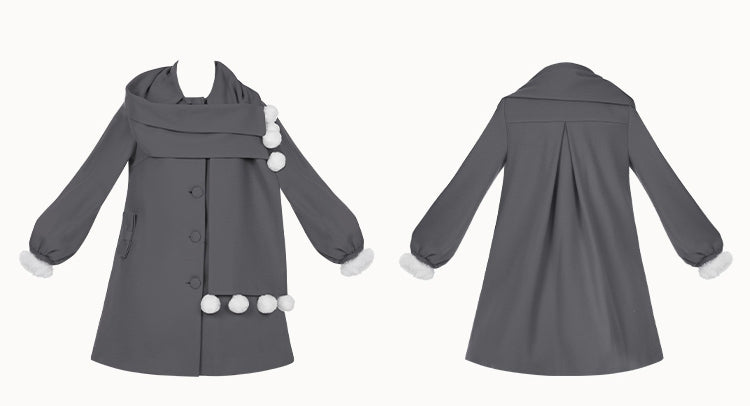 ポンポンスカーフカラー、グレーフリース裏地ウールコート