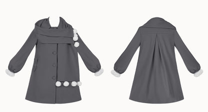 ポンポンスカーフカラー、グレーフリース裏地ウールコート