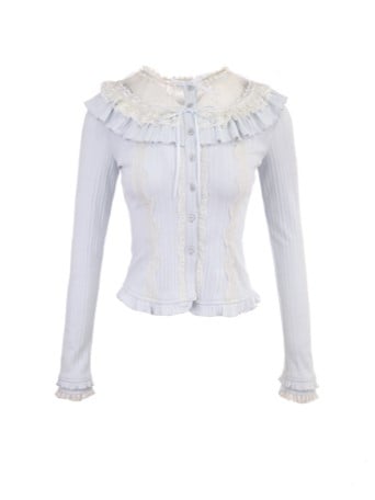 Strickcardigan Schleife Rüschen Spitze Blau Vintage