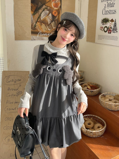 Design Bowknot Dress Bubble Skirt Accents Sleeveless Gray Plush Puppy Ears
