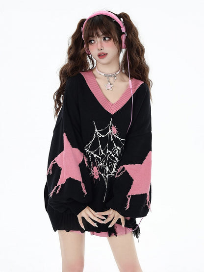 Muster Mit Spinne, Distressed Web Saum, Schwarzer Pullover Mit Löchern