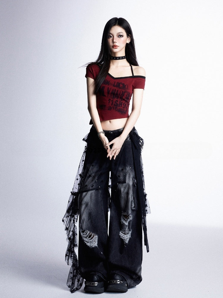 Asymmetrical Graphic Halter Neck Cropped Neckline T-shirt Punk Red Rock with Y2K Hem