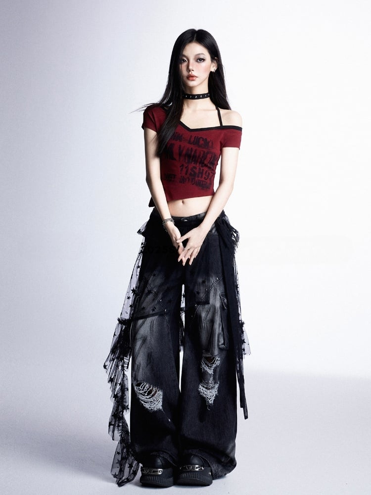 Hem Self-tie Glamorous Accessory Strap Black Lace Asymmetrical with