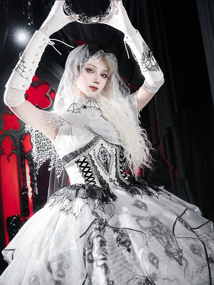 Black & White Bone Dragon Embroidery Halter Neck Gothic Lolita Dress Set - Ying Luo Fu