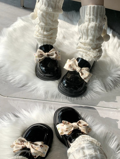 Fit Style Black JK Detachable in Loafers Mid-heel Design Print Academic Bear Bow Slip-in