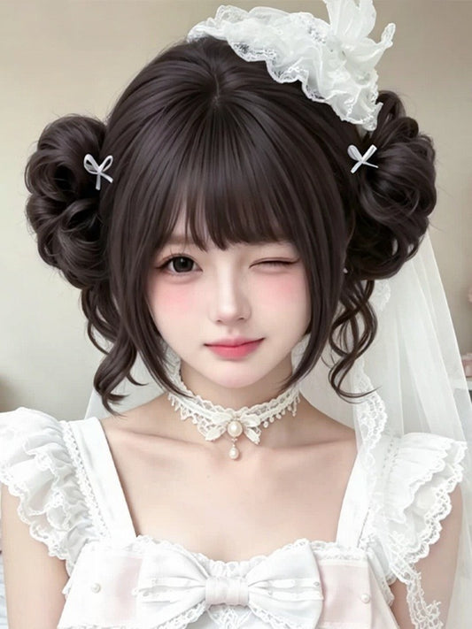 Black Tea 22cm Curly Bob Wig with Double Bun Claw Clip & Full Bangs - Meow Island Wig