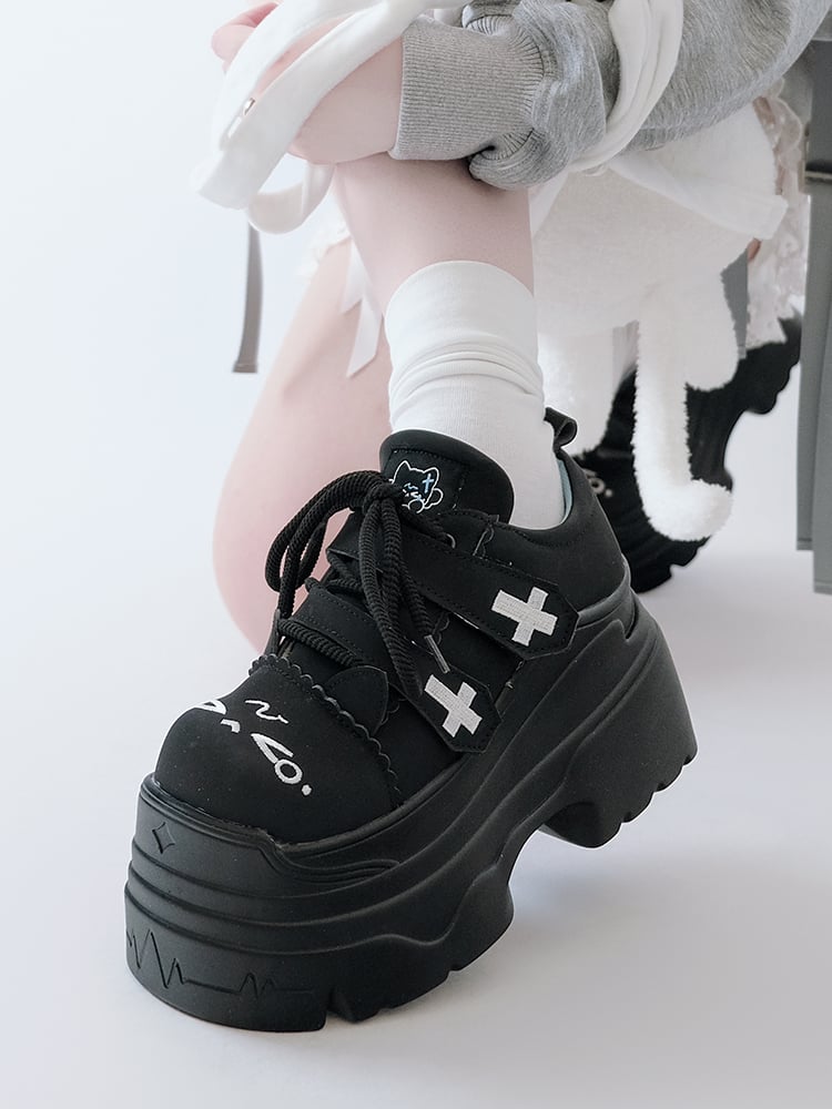 Yami Kawaii Matte Black Cross Velcro Strap Kitty Ears Platform Shoes