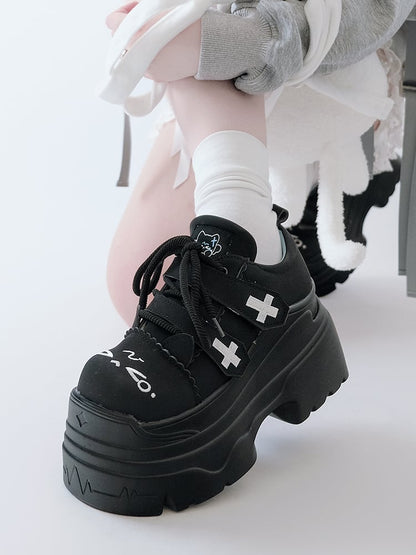 Yami Kawaii Matte Black Cross Velcro Strap Kitty Ears Platform Shoes
