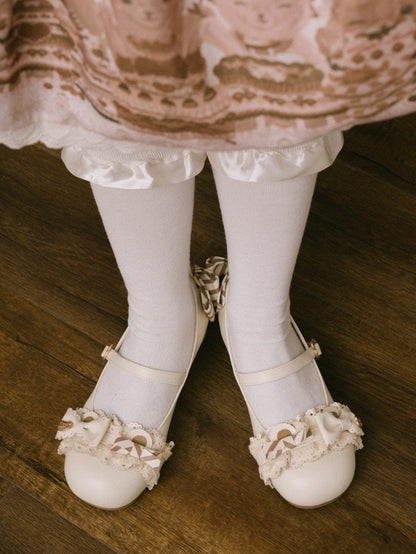 Adorable Bear Mary Off-white Ears Janes Low-heel PU with