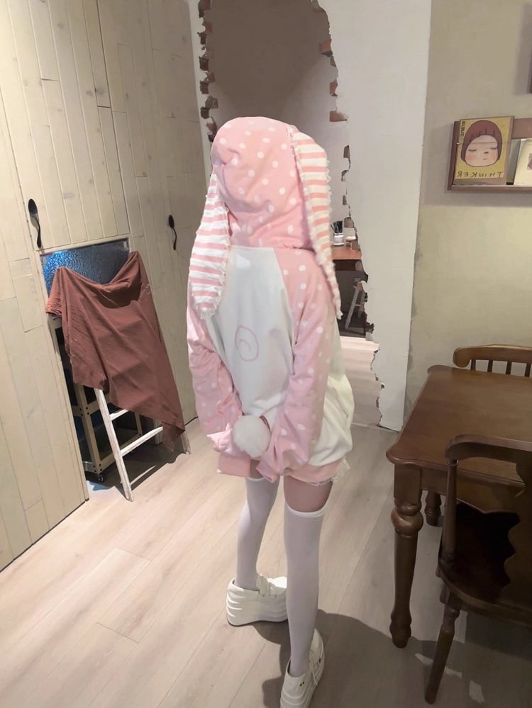 with Bunny / Dot Pink Gray Big Polka Ears Hoodie Striped