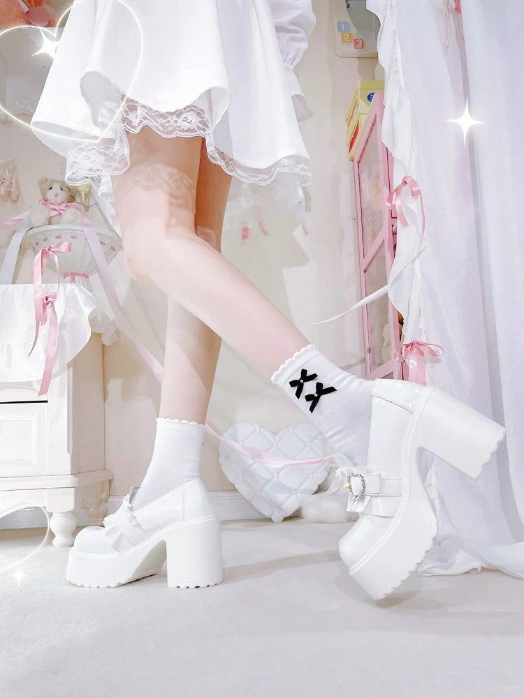 with Beaded Kei White Sweetheart 9.5cm Jirai Shoes Heel Chunky Loafers Platform