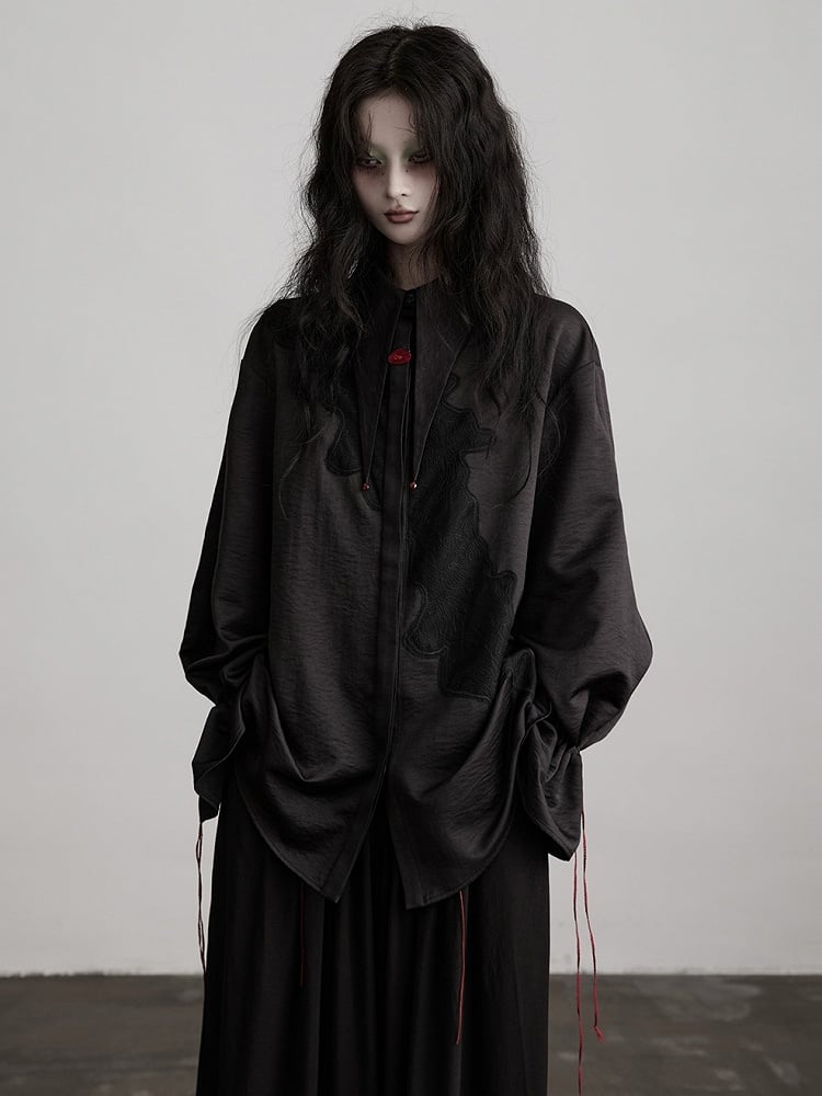 Brooch Red Button Black Drawstring Decoration Shirt Urban Pattern Goth with Subtle