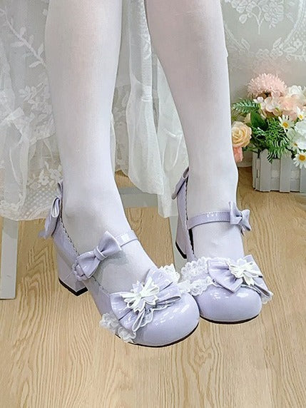 5.5CM Mid Heel Cherry Blossom Purple Round Toe Shoes with Lace & Bow - Hazelnut Bear