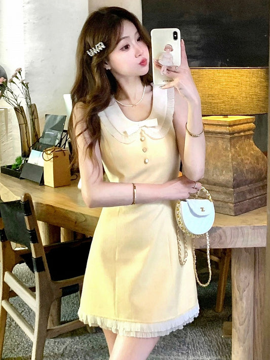 Milk Yellow Dress Bow Ruffle Hem Decoration - Qchiwawameme