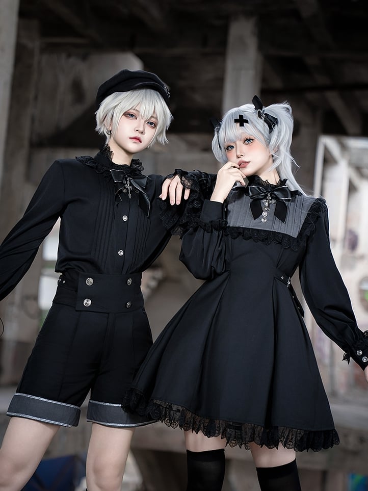 Schwarzes Ärmelkleid, lang, Lolita Kei-inspiriert, grau, Jirai und
