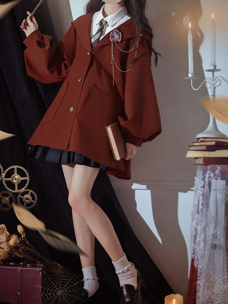Red Winter Autumn Preppy Vintage Hooded Coat and Brick Version Regular/Thicken for