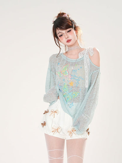 Asymmetrical Neckline Butterfly Print Apricot/Green