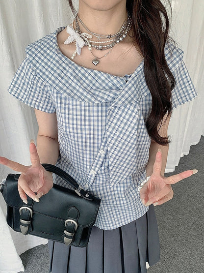 Asymmetrical Neckline Short Sleeve Top with Plaid Pattern - Solkatt