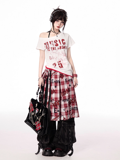 Y2K Letter Print White/Gray Asymmetrical Neckline T-shirt