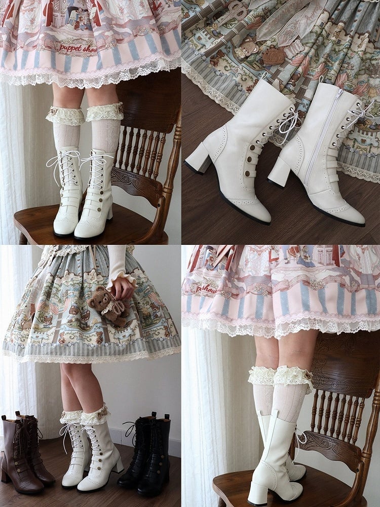 Beige Retro Lolita Boots Lace Up Buckle Accents Fall Style - MODO