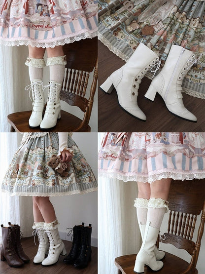 Beige Retro Lolita Boots Lace Up Buckle Accents Fall Style - MODO