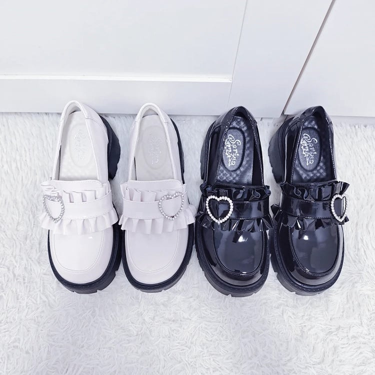 6.5cm White Chunky with Sweetheart Detail Kei Platform Heel Loafers Beaded Jirai