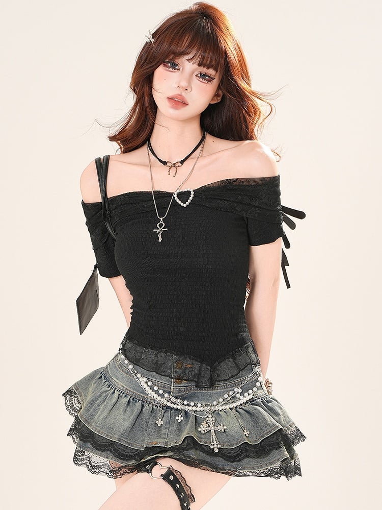Glamorous Skirt Tiered Denim Trim Bittersweet Lace Black