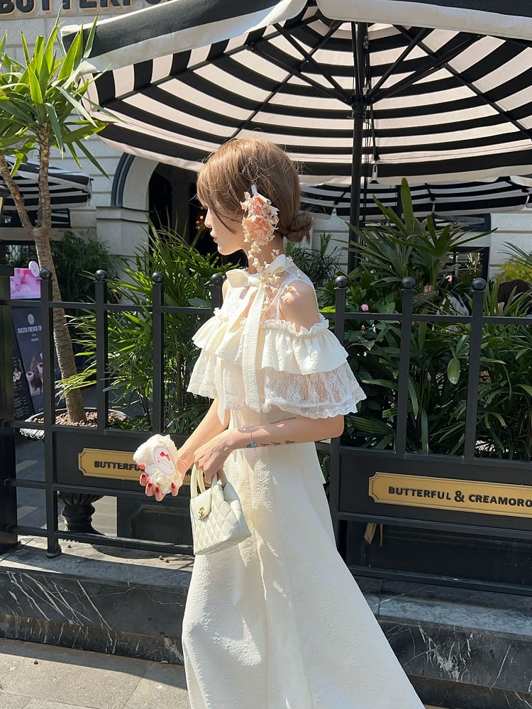 Jirai Beige Innocent Long Style Clean with Dress Flounce Off-Shoulder Kei Tiered