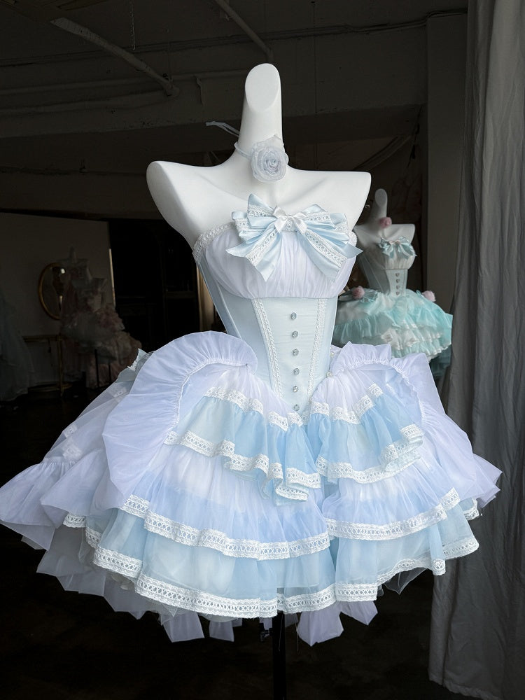 Blaues, trägerloses, bauschiges Balletcore-Kleid mit Taillenstäbchen
