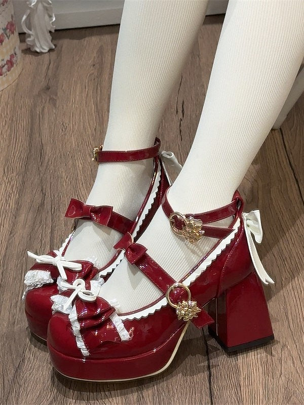 Heel A Toe Lolita Shoes Bow Delicate Red PU Round with 8cm