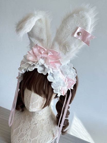 Dot Hairband Bunny Lace Bows Ear and Lolita with Pink Plush Polka Red/Pink/Light Trimmings